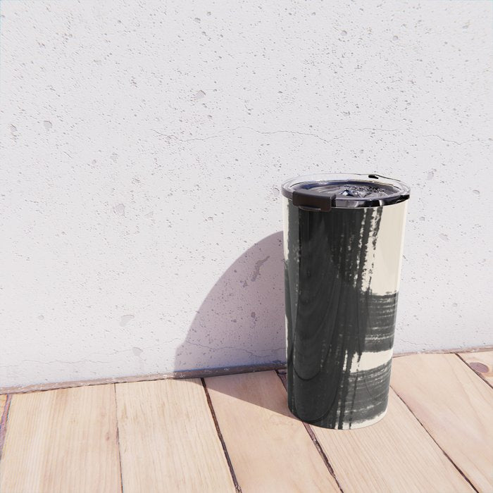 Abstract Minimalist Painted Brushstrokes in Black and Almond Cream 1 Travel Mug Gallery Image 4