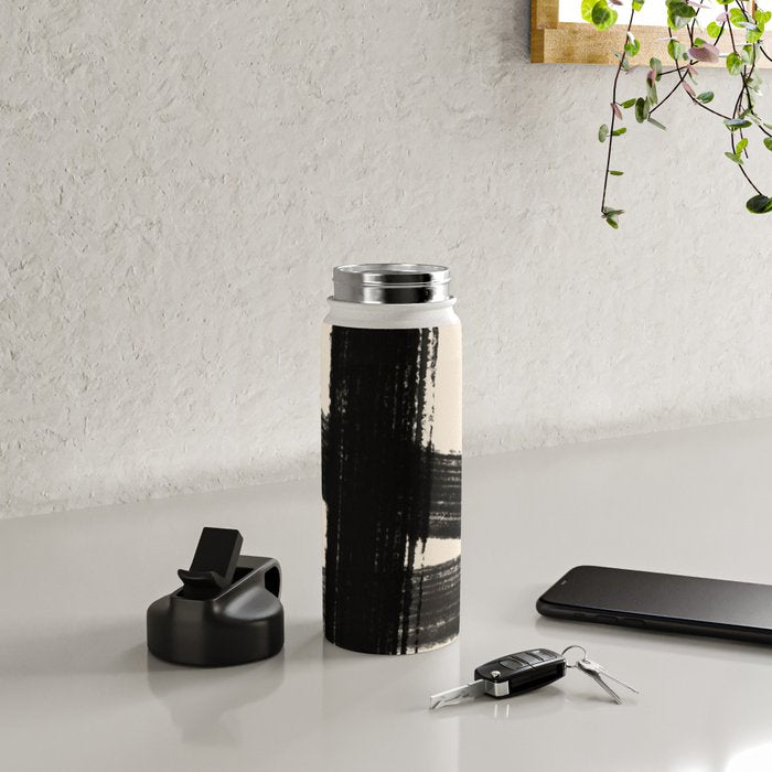 Abstract Minimalist Painted Brushstrokes in Black and Almond Cream 1 Water Bottle Gallery Image 4