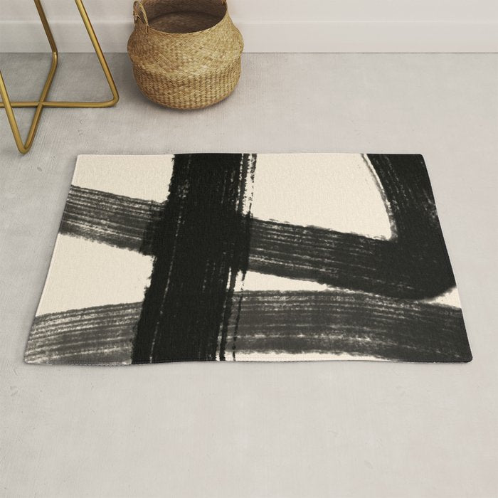 Abstract Minimalist Painted Brushstrokes in Black and Almond Cream 1 Rug Gallery Image 1