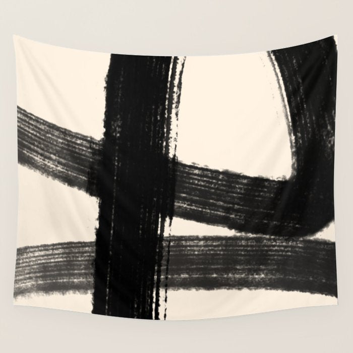 Abstract Minimalist Painted Brushstrokes in Black and Almond Cream 1 Wall Tapestry Gallery Image 4