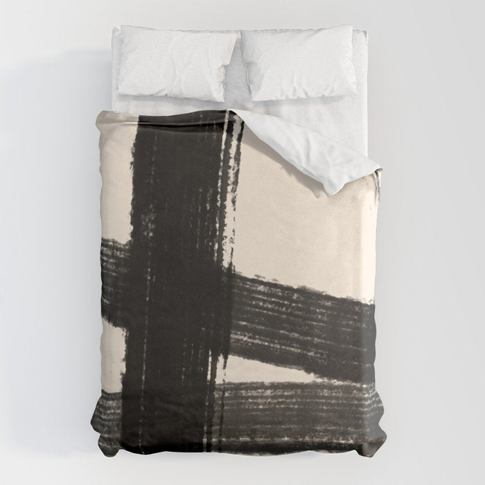 Abstract Minimalist Painted Brushstrokes in Black and Almond Cream 1 Duvet Cover Gallery Image 1