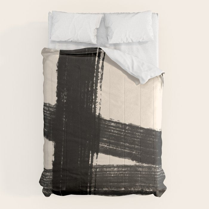 Abstract Minimalist Painted Brushstrokes in Black and Almond Cream 1 Comforter Gallery Image 6