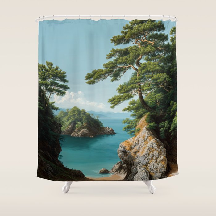Coastal summer beach Japanese Wall Art Botanical Japandi Wall Art Painting Living Room Decor Shower Curtain Gallery Image 1