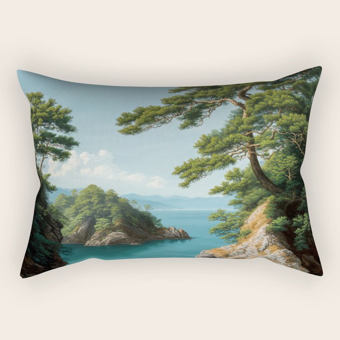 Coastal summer beach Japanese Wall Art Botanical Japandi Wall Art Painting Living Room Decor Rectangular Pillow Gallery Image 1