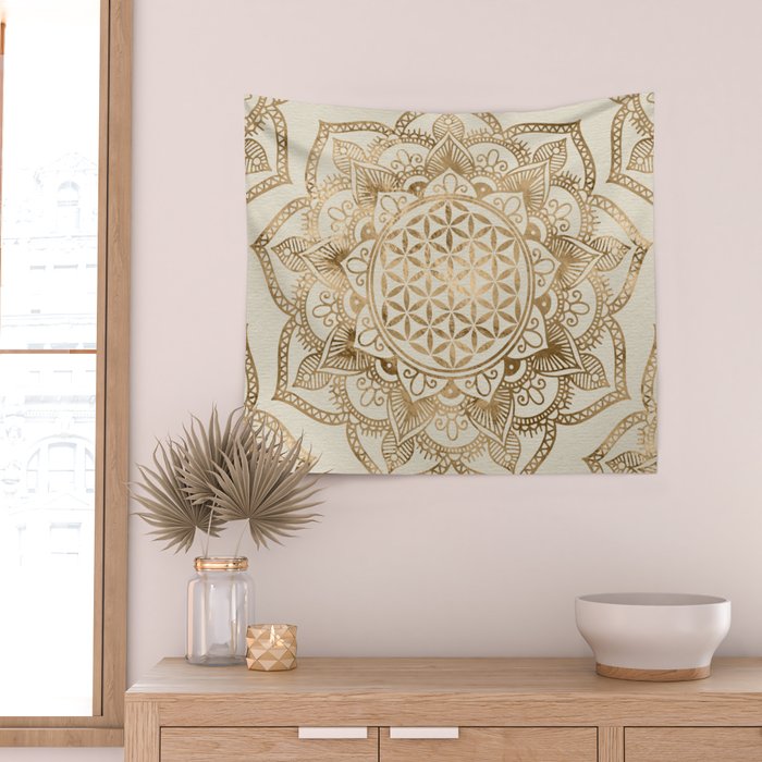 Flower of Life in Lotus - pastel golds and canvas Wall Tapestry Gallery Image 2