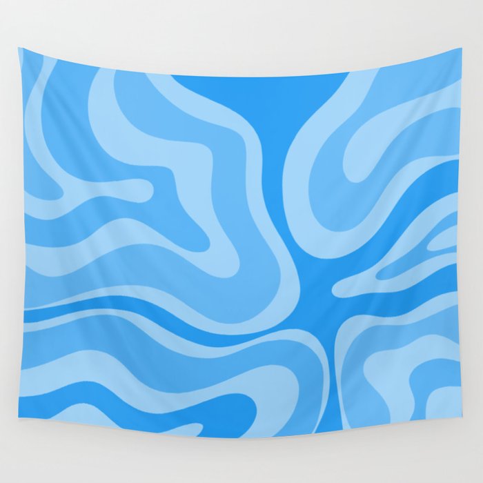 Modern Retro Liquid Swirl Abstract Pattern in Light Blue and Sky Blue Wall Tapestry Gallery Image 4