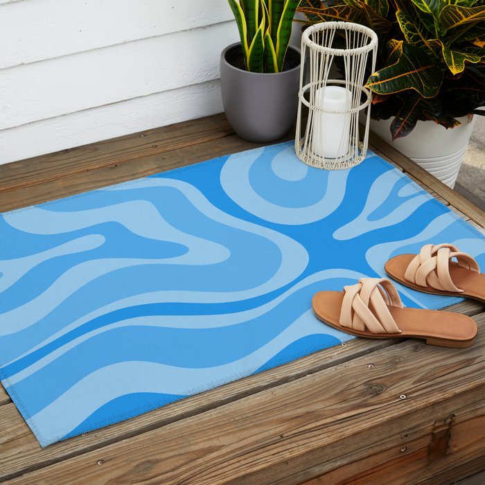 Modern Retro Liquid Swirl Abstract Pattern in Light Blue and Sky Blue Outdoor Rug Gallery Image 2