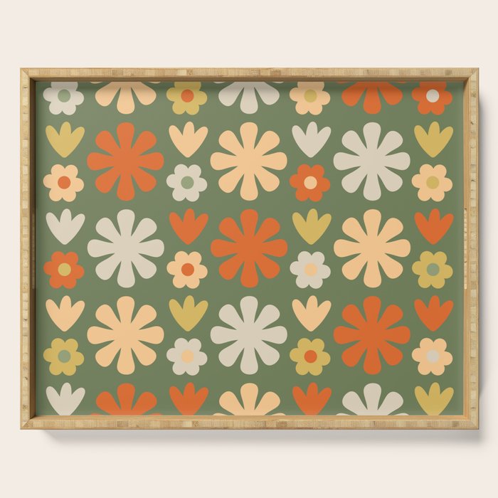 Scandi Floral Grid Retro Flower Pattern in Mossy Olive Green and Orange Serving Tray Gallery Image 1
