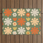 Scandi Floral Grid Retro Flower Pattern in Mossy Olive Green and Orange Outdoor Rug Gallery Image 1