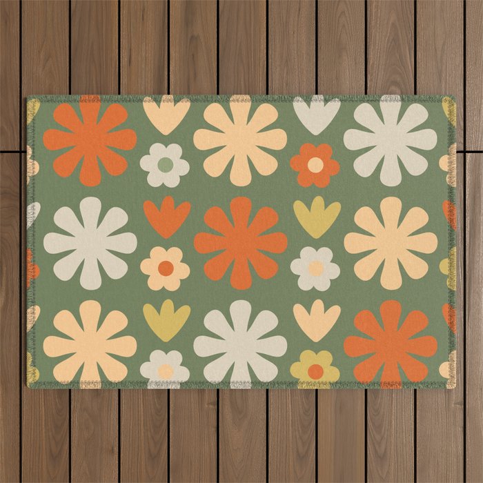 Scandi Floral Grid Retro Flower Pattern in Mossy Olive Green and Orange Outdoor Rug Gallery Image 1