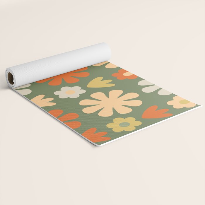 Scandi Floral Grid Retro Flower Pattern in Mossy Olive Green and Orange Yoga Mat Gallery Image 2