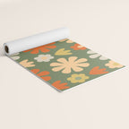 Scandi Floral Grid Retro Flower Pattern in Mossy Olive Green and Orange Yoga Mat Gallery Image 2