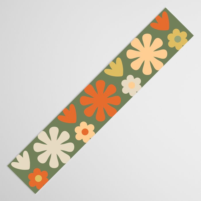 Scandi Floral Grid Retro Flower Pattern in Mossy Olive Green and Orange Table Runner Gallery Image 3