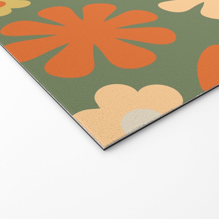 Scandi Floral Grid Retro Flower Pattern in Mossy Olive Green and Orange Welcome Mat Gallery Image 2