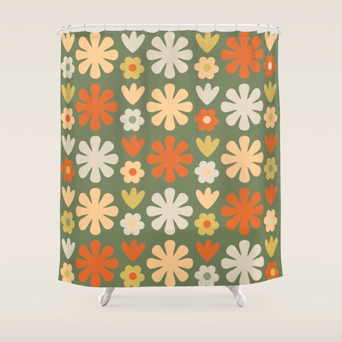 Scandi Floral Grid Retro Flower Pattern in Mossy Olive Green and Orange Shower Curtain Gallery Image 1