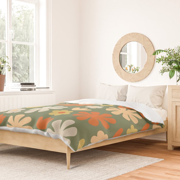 Scandi Floral Grid Retro Flower Pattern in Mossy Olive Green and Orange Duvet Cover Gallery Image 2