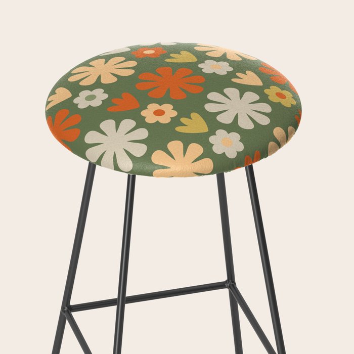 Scandi Floral Grid Retro Flower Pattern in Mossy Olive Green and Orange Stool Gallery Image 2
