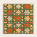 Scandi Floral Grid Retro Flower Pattern in Mossy Olive Green and Orange Wood Wall Art Gallery Image 1