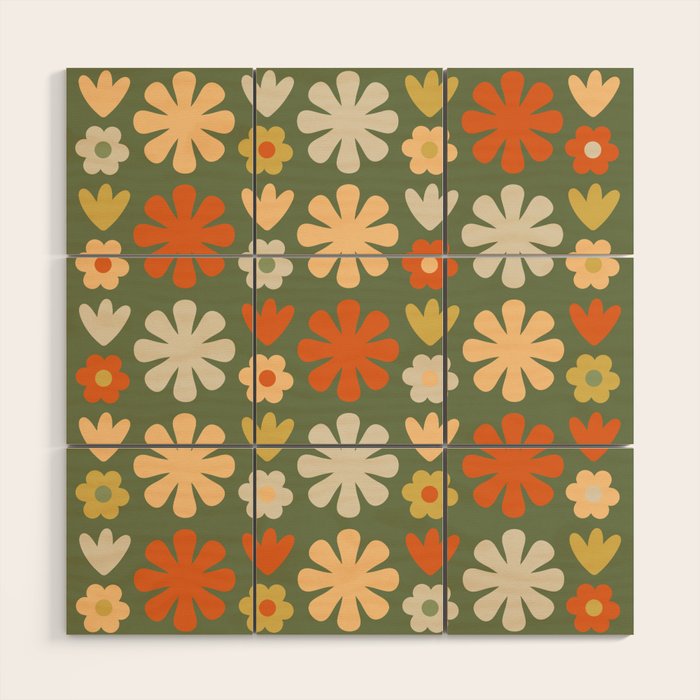 Scandi Floral Grid Retro Flower Pattern in Mossy Olive Green and Orange Wood Wall Art Gallery Image 1