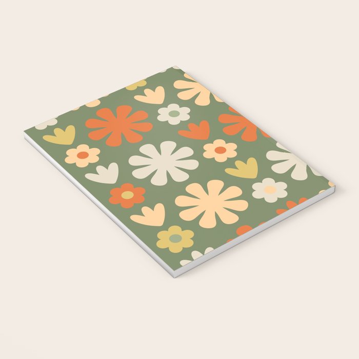 Scandi Floral Grid Retro Flower Pattern in Mossy Olive Green and Orange Notebook Gallery Image 3