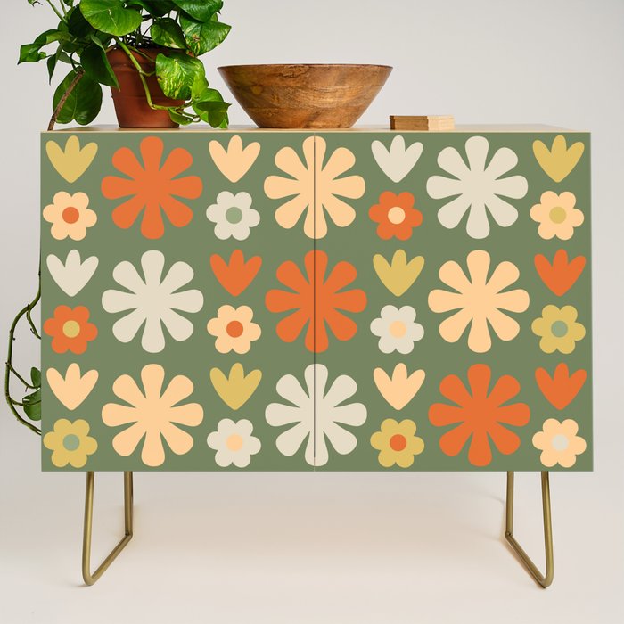 Scandi Floral Grid Retro Flower Pattern in Mossy Olive Green and Orange Credenza Gallery Image 1