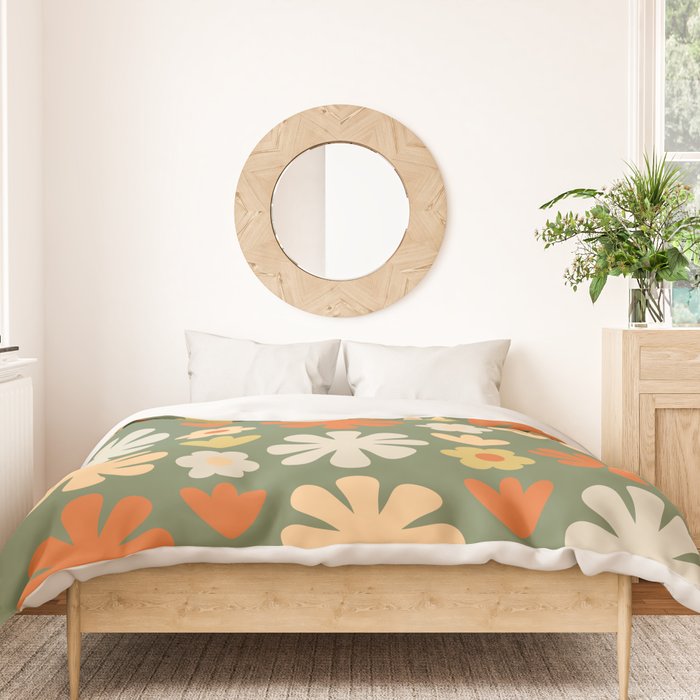 Scandi Floral Grid Retro Flower Pattern in Mossy Olive Green and Orange Duvet Cover Gallery Image 3