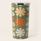 Scandi Floral Grid Retro Flower Pattern in Mossy Olive Green and Orange Travel Mug Gallery Image 1