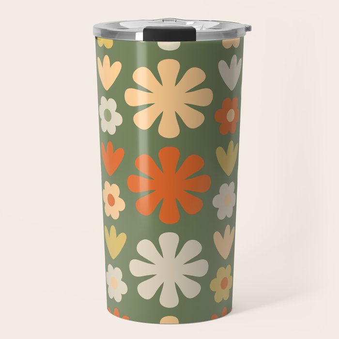 Scandi Floral Grid Retro Flower Pattern in Mossy Olive Green and Orange Travel Mug Gallery Image 1
