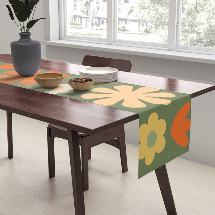 Scandi Floral Grid Retro Flower Pattern in Mossy Olive Green and Orange Table Runner Gallery Image 2