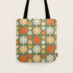 Scandi Floral Grid Retro Flower Pattern in Mossy Olive Green and Orange Tote Bag Gallery Image 1