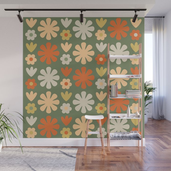 Scandi Floral Grid Retro Flower Pattern in Mossy Olive Green and Orange Wall Mural Gallery Image 1