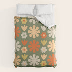 Scandi Floral Grid Retro Flower Pattern in Mossy Olive Green and Orange Duvet Cover Gallery Image 6