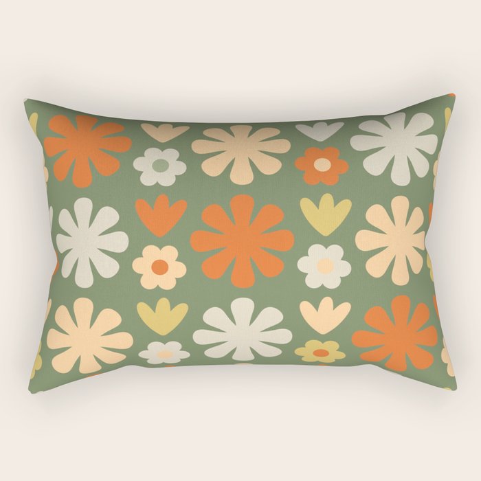 Scandi Floral Grid Retro Flower Pattern in Mossy Olive Green and Orange Rectangular Pillow Gallery Image 1