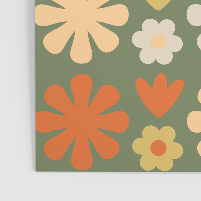 Scandi Floral Grid Retro Flower Pattern in Mossy Olive Green and Orange Poster Gallery Image 3