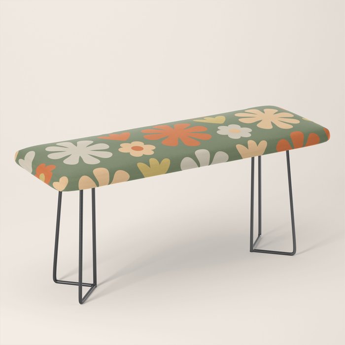 Scandi Floral Grid Retro Flower Pattern in Mossy Olive Green and Orange Bench Gallery Image 1