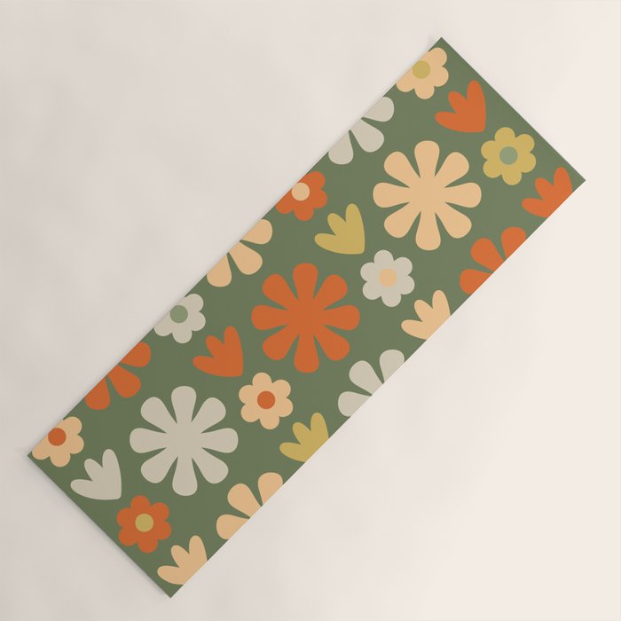 Scandi Floral Grid Retro Flower Pattern in Mossy Olive Green and Orange Yoga Mat Gallery Image 1
