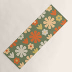 Scandi Floral Grid Retro Flower Pattern in Mossy Olive Green and Orange Yoga Mat Gallery Image 1