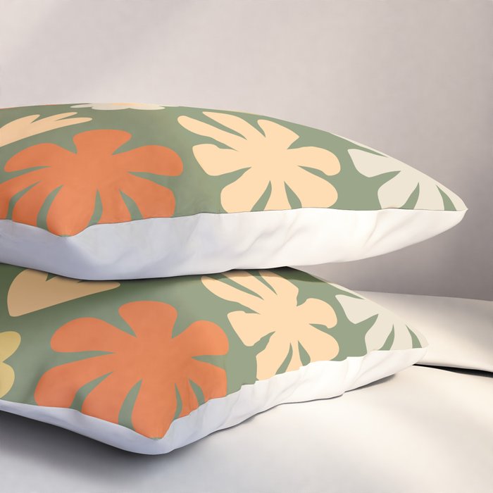 Scandi Floral Grid Retro Flower Pattern in Mossy Olive Green and Orange Pillow Sham Gallery Image 3