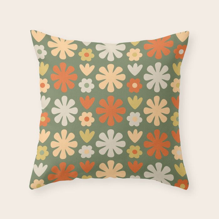 Scandi Floral Grid Retro Flower Pattern in Mossy Olive Green and Orange Throw Pillow Gallery Image 6
