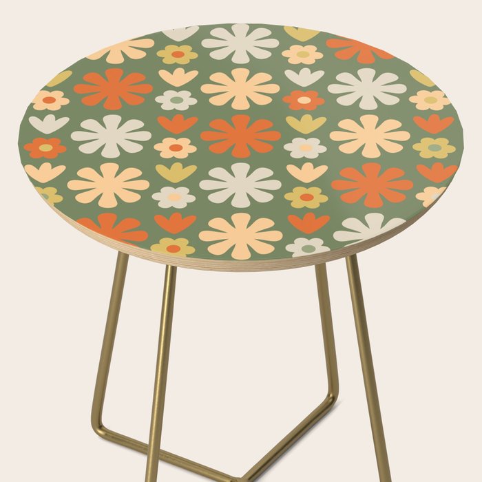 Scandi Floral Grid Retro Flower Pattern in Mossy Olive Green and Orange Side Table Gallery Image 2