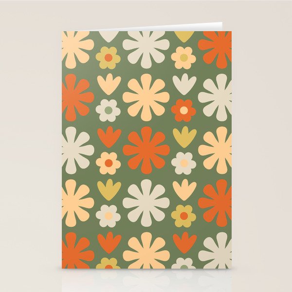 Scandi Floral Grid Retro Flower Pattern in Mossy Olive Green and Orange Stationery Card Gallery Image 2