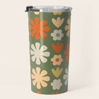 Scandi Floral Grid Retro Flower Pattern in Mossy Olive Green and Orange Travel Mug Gallery Image 3
