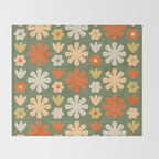 Scandi Floral Grid Retro Flower Pattern in Mossy Olive Green and Orange Throw Blanket Gallery Image 2