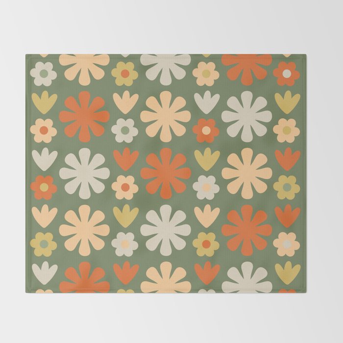Scandi Floral Grid Retro Flower Pattern in Mossy Olive Green and Orange Throw Blanket Gallery Image 2
