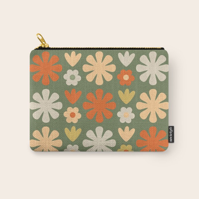 Scandi Floral Grid Retro Flower Pattern in Mossy Olive Green and Orange Carry All Pouch Gallery Image 1