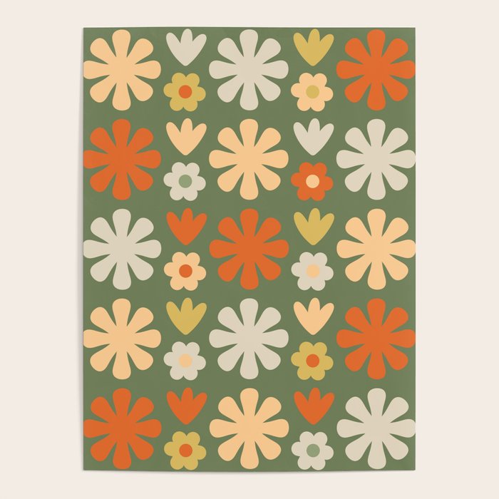 Scandi Floral Grid Retro Flower Pattern in Mossy Olive Green and Orange Poster Gallery Image 4