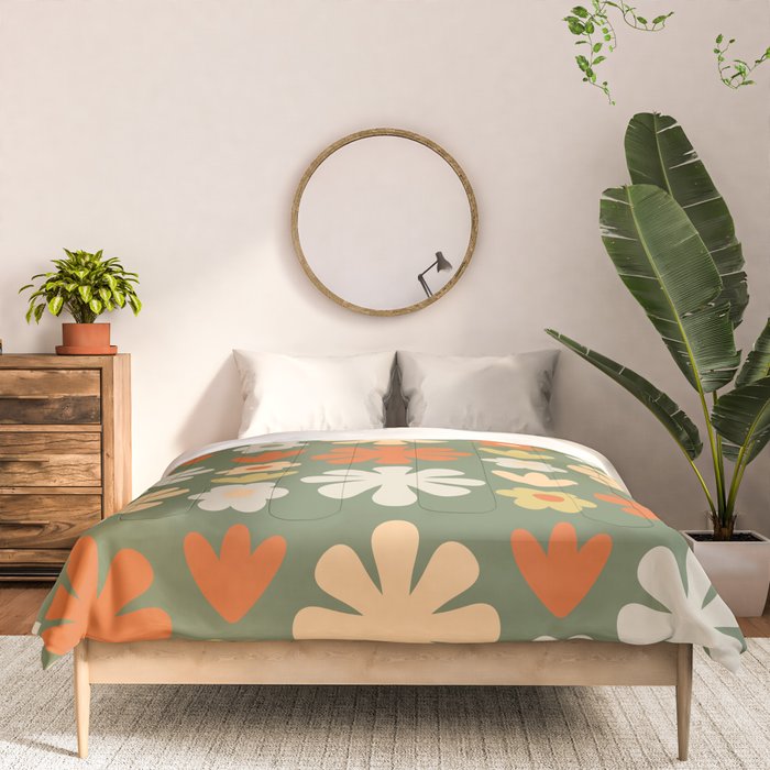 Scandi Floral Grid Retro Flower Pattern in Mossy Olive Green and Orange Comforter Gallery Image 3
