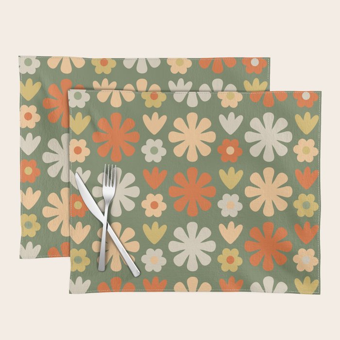 Scandi Floral Grid Retro Flower Pattern in Mossy Olive Green and Orange Placemat Gallery Image 1