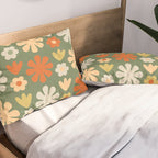 Scandi Floral Grid Retro Flower Pattern in Mossy Olive Green and Orange Pillow Sham Gallery Image 2
