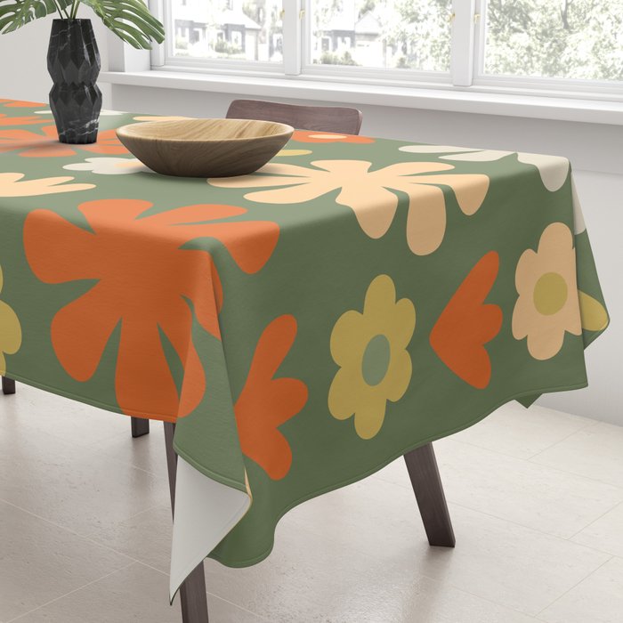 Scandi Floral Grid Retro Flower Pattern in Mossy Olive Green and Orange Tablecloth Gallery Image 3